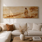 A panoramic painting of Jesus walking along a dusty hillside guiding a long line of sheep across a warm desert landscape, depicted from behind in flowing robes as the flock follows along the path beneath a soft glowing sky, rendered in a calm painterly style with earthy tones and gentle light across the scene.