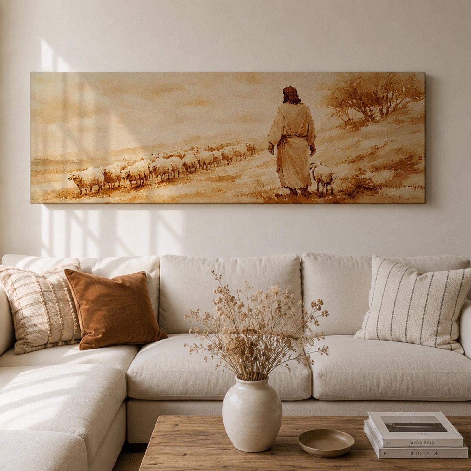 A panoramic painting of Jesus walking along a dusty hillside guiding a long line of sheep across a warm desert landscape, depicted from behind in flowing robes as the flock follows along the path beneath a soft glowing sky, rendered in a calm painterly style with earthy tones and gentle light across the scene.