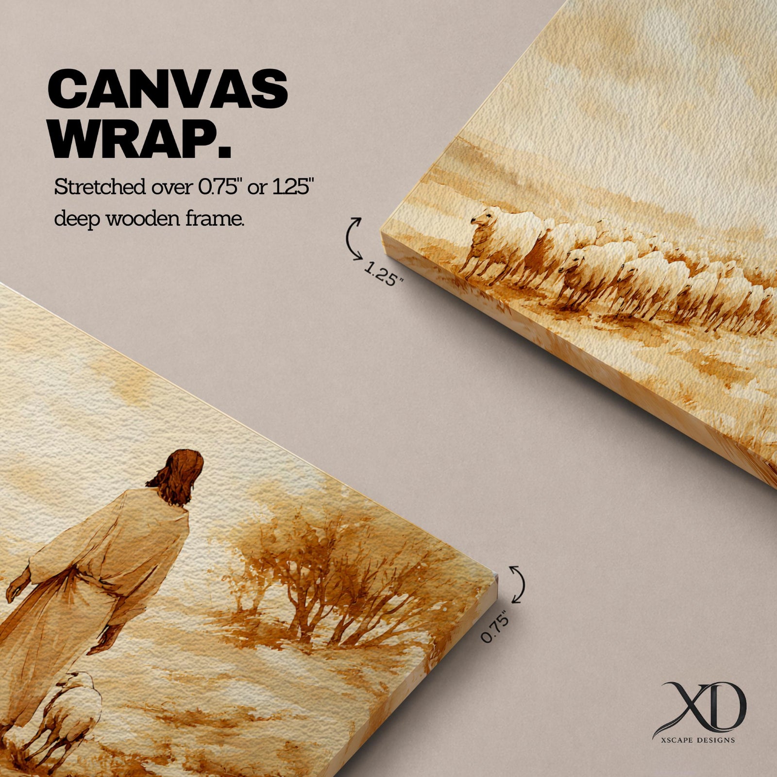 A panoramic painting of Jesus walking along a dusty hillside guiding a long line of sheep across a warm desert landscape, depicted from behind in flowing robes as the flock follows along the path beneath a soft glowing sky, rendered in a calm painterly style with earthy tones and gentle light across the scene.