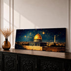 A panoramic night painting of the golden Dome of the Rock within the Masjid Al Aqsa complex rising above the historic stone walls of Jerusalem, glowing beneath a deep blue sky filled with bright stars, with surrounding mosque architecture and a distant minaret rendered in warm golden tones against the dark celestial backdrop.