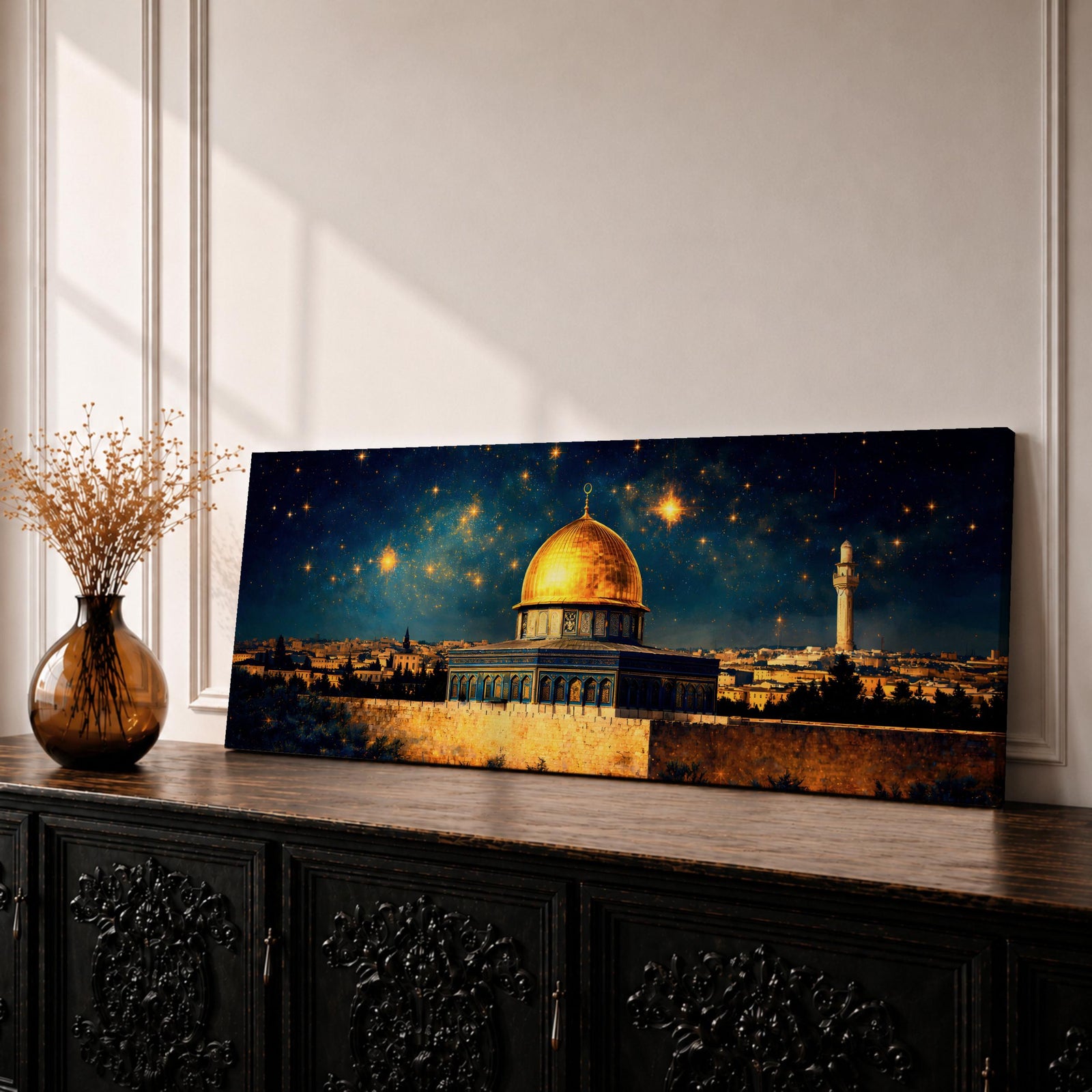 A panoramic night painting of the golden Dome of the Rock within the Masjid Al Aqsa complex rising above the historic stone walls of Jerusalem, glowing beneath a deep blue sky filled with bright stars, with surrounding mosque architecture and a distant minaret rendered in warm golden tones against the dark celestial backdrop.