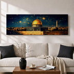 A panoramic night painting of the golden Dome of the Rock within the Masjid Al Aqsa complex rising above the historic stone walls of Jerusalem, glowing beneath a deep blue sky filled with bright stars, with surrounding mosque architecture and a distant minaret rendered in warm golden tones against the dark celestial backdrop.