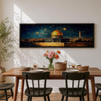 A panoramic night painting of the golden Dome of the Rock within the Masjid Al Aqsa complex rising above the historic stone walls of Jerusalem, glowing beneath a deep blue sky filled with bright stars, with surrounding mosque architecture and a distant minaret rendered in warm golden tones against the dark celestial backdrop.