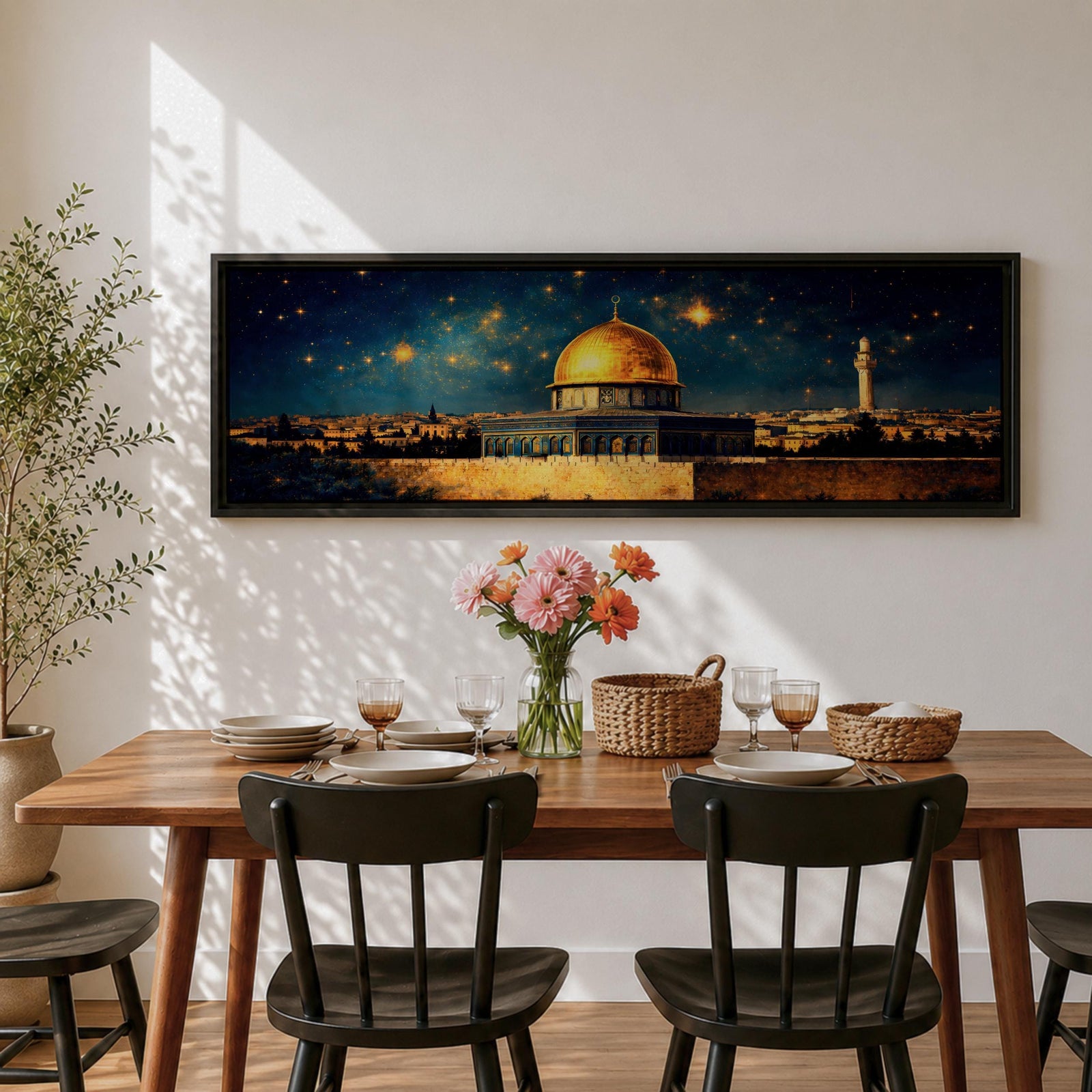A panoramic night painting of the golden Dome of the Rock within the Masjid Al Aqsa complex rising above the historic stone walls of Jerusalem, glowing beneath a deep blue sky filled with bright stars, with surrounding mosque architecture and a distant minaret rendered in warm golden tones against the dark celestial backdrop.