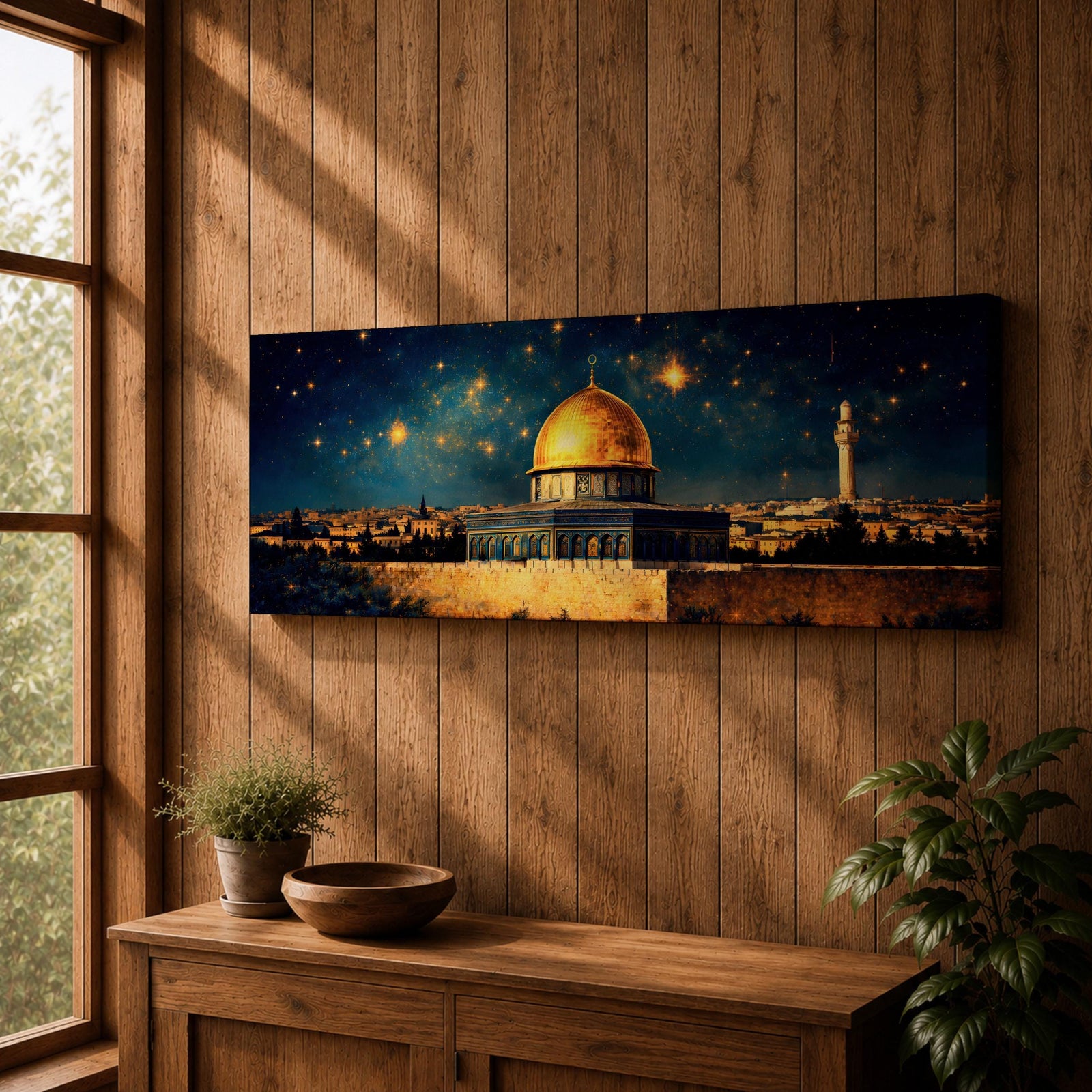 A panoramic night painting of the golden Dome of the Rock within the Masjid Al Aqsa complex rising above the historic stone walls of Jerusalem, glowing beneath a deep blue sky filled with bright stars, with surrounding mosque architecture and a distant minaret rendered in warm golden tones against the dark celestial backdrop.