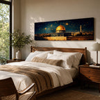A panoramic night painting of the golden Dome of the Rock within the Masjid Al Aqsa complex rising above the historic stone walls of Jerusalem, glowing beneath a deep blue sky filled with bright stars, with surrounding mosque architecture and a distant minaret rendered in warm golden tones against the dark celestial backdrop.