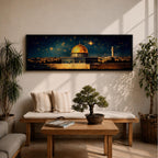A panoramic night painting of the golden Dome of the Rock within the Masjid Al Aqsa complex rising above the historic stone walls of Jerusalem, glowing beneath a deep blue sky filled with bright stars, with surrounding mosque architecture and a distant minaret rendered in warm golden tones against the dark celestial backdrop.