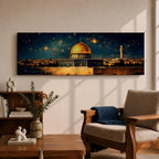 A panoramic night painting of the golden Dome of the Rock within the Masjid Al Aqsa complex rising above the historic stone walls of Jerusalem, glowing beneath a deep blue sky filled with bright stars, with surrounding mosque architecture and a distant minaret rendered in warm golden tones against the dark celestial backdrop.