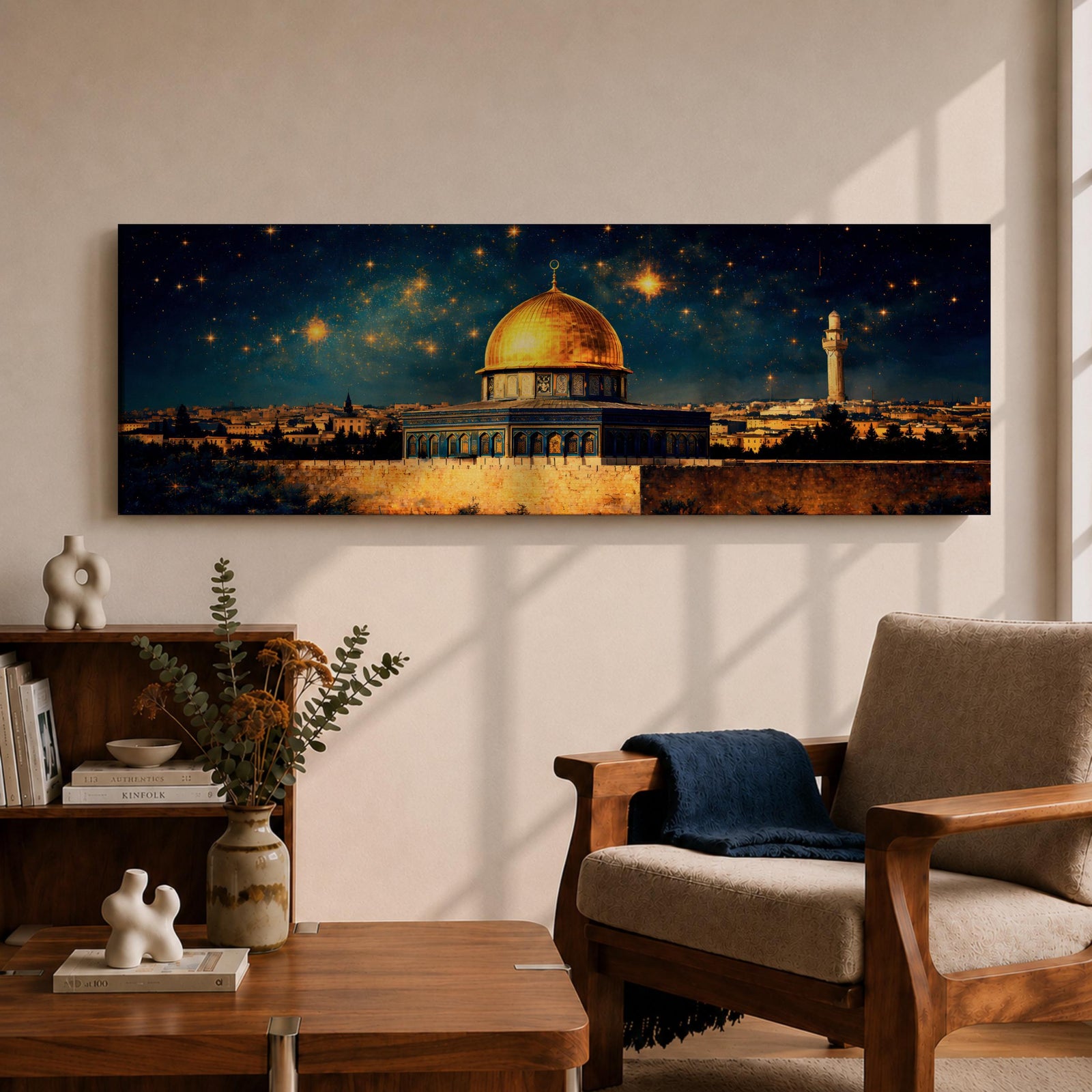 A panoramic night painting of the golden Dome of the Rock within the Masjid Al Aqsa complex rising above the historic stone walls of Jerusalem, glowing beneath a deep blue sky filled with bright stars, with surrounding mosque architecture and a distant minaret rendered in warm golden tones against the dark celestial backdrop.