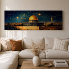 A panoramic night painting of the golden Dome of the Rock within the Masjid Al Aqsa complex rising above the historic stone walls of Jerusalem, glowing beneath a deep blue sky filled with bright stars, with surrounding mosque architecture and a distant minaret rendered in warm golden tones against the dark celestial backdrop.