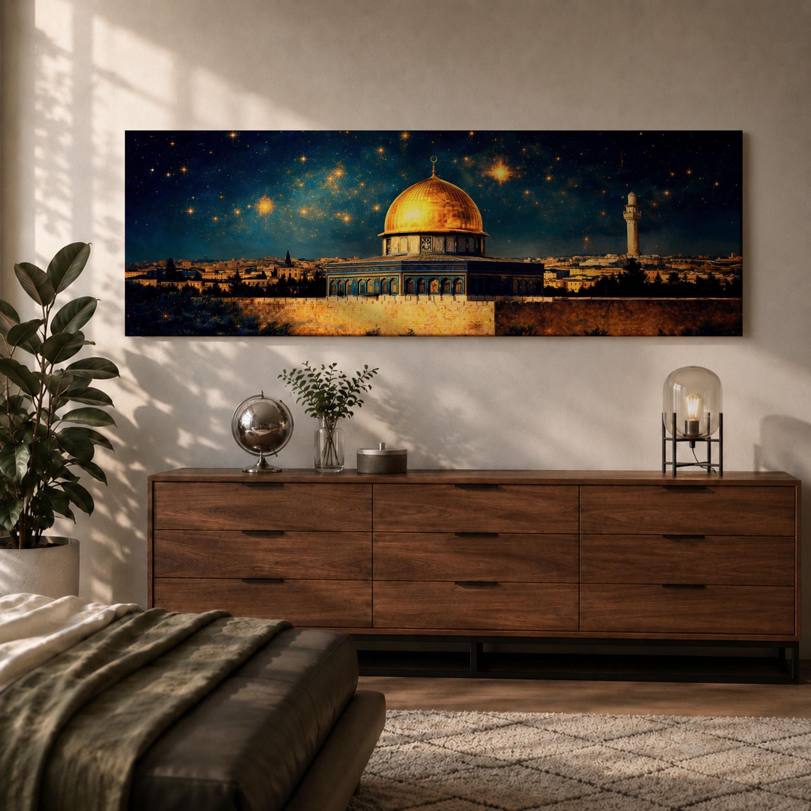 A panoramic night painting of the golden Dome of the Rock within the Masjid Al Aqsa complex rising above the historic stone walls of Jerusalem, glowing beneath a deep blue sky filled with bright stars, with surrounding mosque architecture and a distant minaret rendered in warm golden tones against the dark celestial backdrop.