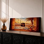 A panoramic painting of the Kaaba at the center of Masjid al Haram in Mecca viewed through open wooden window shutters, with a palm tree and flowers in the foreground while thousands of worshippers gather around the sacred structure, illuminated by warm sunlight beneath a softly glowing sky.