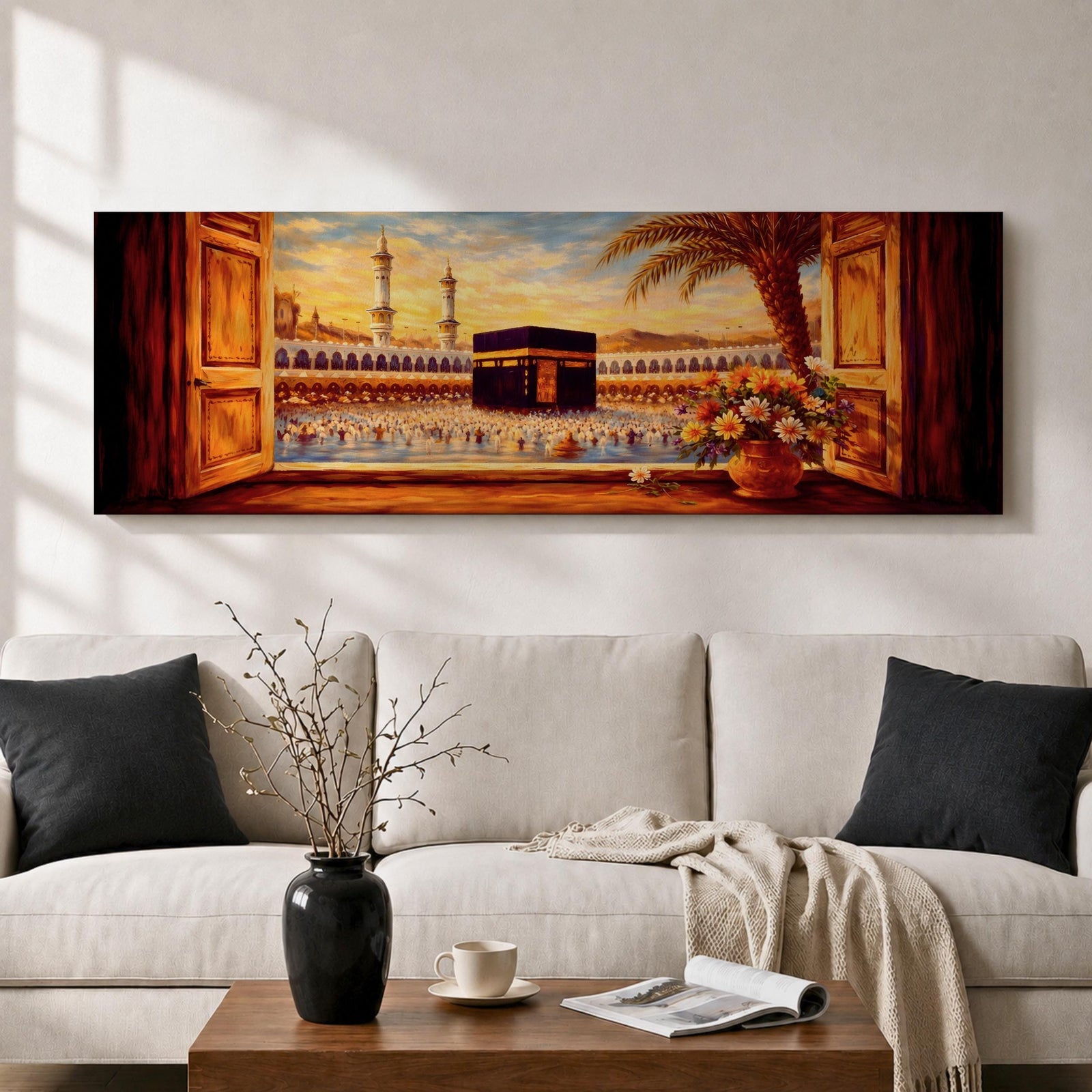 A panoramic painting of the Kaaba at the center of Masjid al Haram in Mecca viewed through open wooden window shutters, with a palm tree and flowers in the foreground while thousands of worshippers gather around the sacred structure, illuminated by warm sunlight beneath a softly glowing sky.