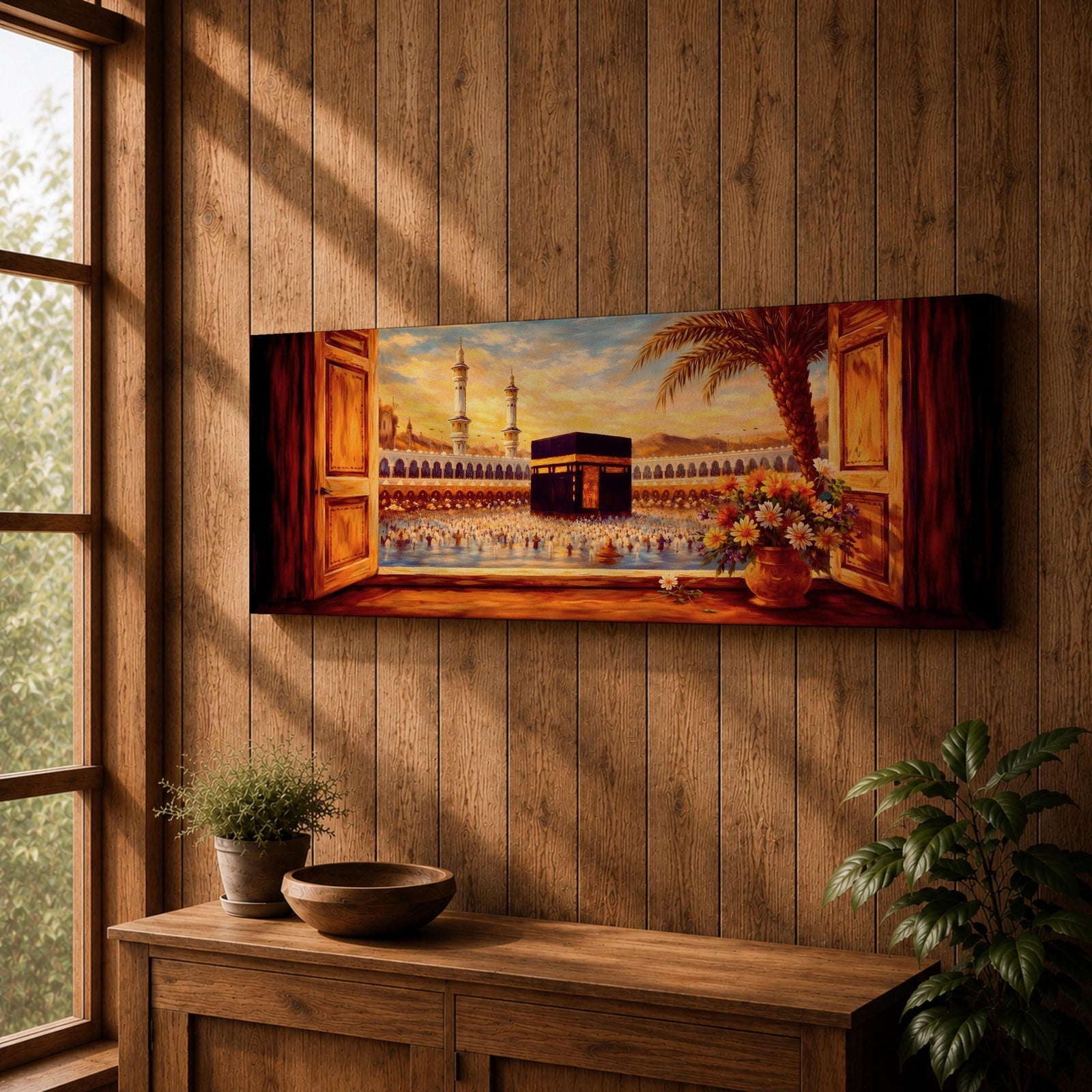 A panoramic painting of the Kaaba at the center of Masjid al Haram in Mecca viewed through open wooden window shutters, with a palm tree and flowers in the foreground while thousands of worshippers gather around the sacred structure, illuminated by warm sunlight beneath a softly glowing sky.