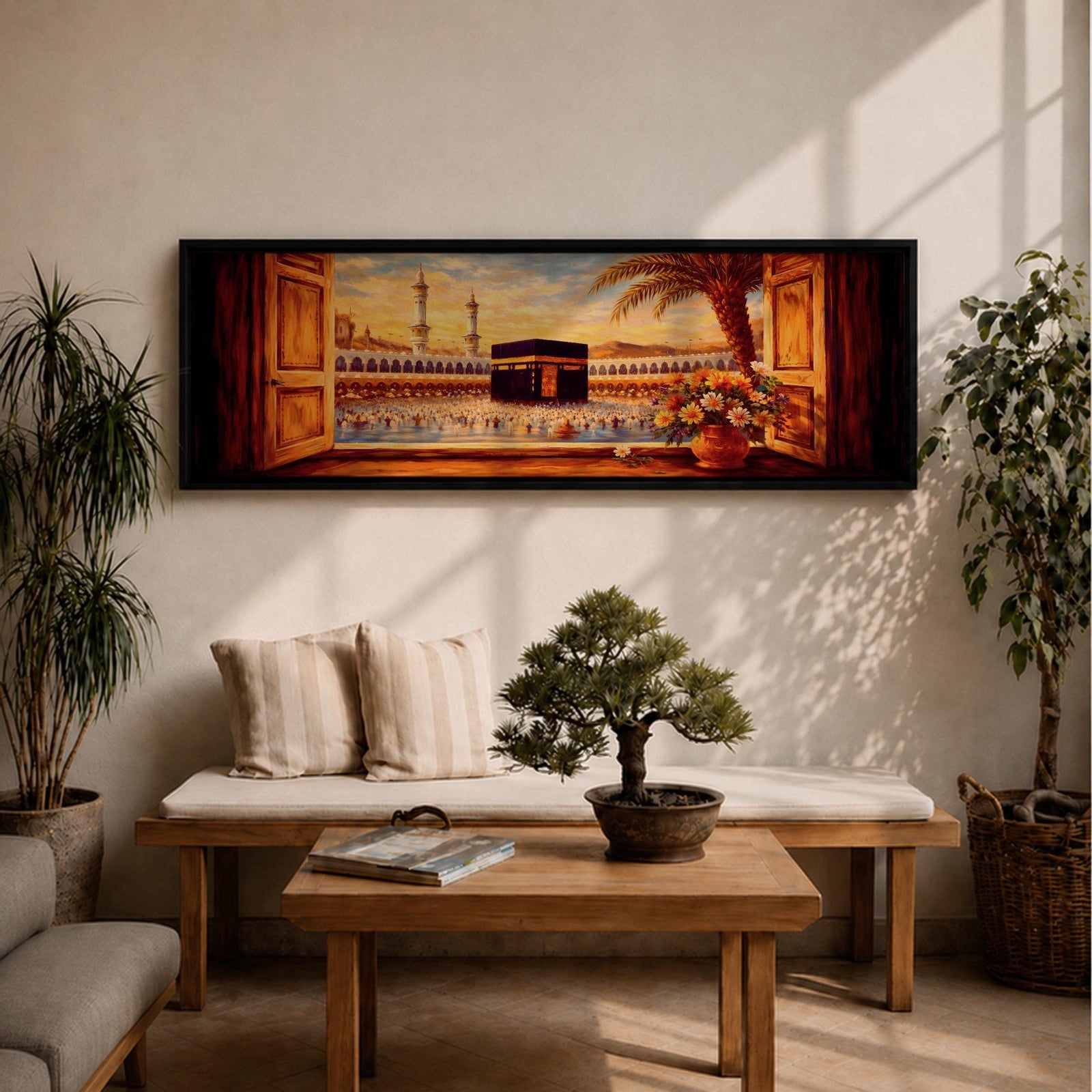 A panoramic painting of the Kaaba at the center of Masjid al Haram in Mecca viewed through open wooden window shutters, with a palm tree and flowers in the foreground while thousands of worshippers gather around the sacred structure, illuminated by warm sunlight beneath a softly glowing sky.