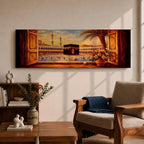 A panoramic painting of the Kaaba at the center of Masjid al Haram in Mecca viewed through open wooden window shutters, with a palm tree and flowers in the foreground while thousands of worshippers gather around the sacred structure, illuminated by warm sunlight beneath a softly glowing sky.