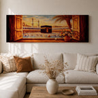 A panoramic painting of the Kaaba at the center of Masjid al Haram in Mecca viewed through open wooden window shutters, with a palm tree and flowers in the foreground while thousands of worshippers gather around the sacred structure, illuminated by warm sunlight beneath a softly glowing sky.