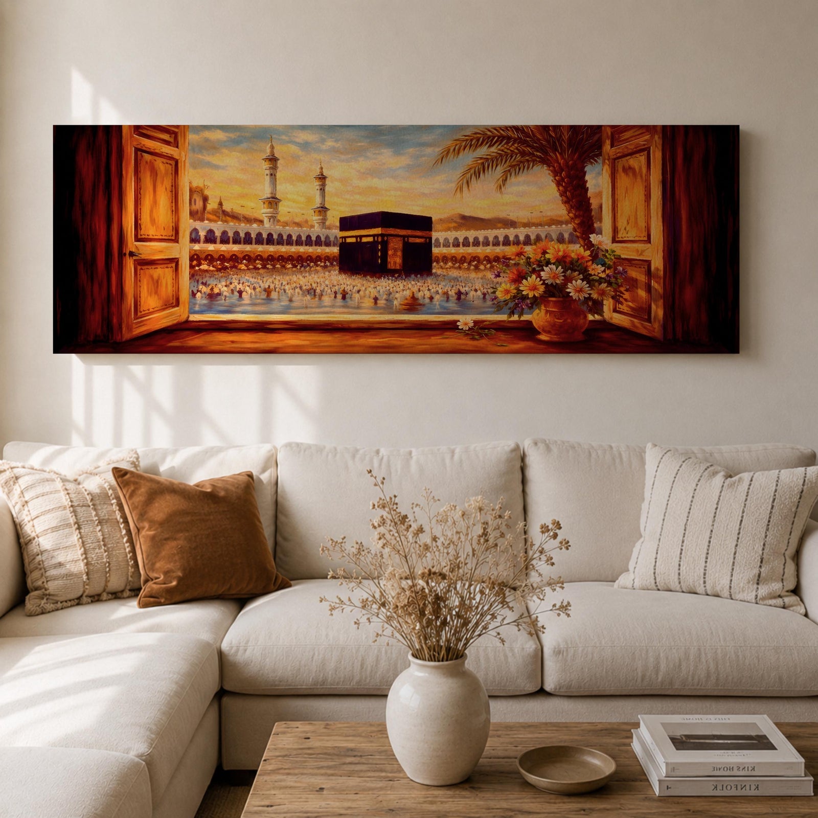 A panoramic painting of the Kaaba at the center of Masjid al Haram in Mecca viewed through open wooden window shutters, with a palm tree and flowers in the foreground while thousands of worshippers gather around the sacred structure, illuminated by warm sunlight beneath a softly glowing sky.