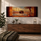 A panoramic painting of the Kaaba at the center of Masjid al Haram in Mecca viewed through open wooden window shutters, with a palm tree and flowers in the foreground while thousands of worshippers gather around the sacred structure, illuminated by warm sunlight beneath a softly glowing sky.