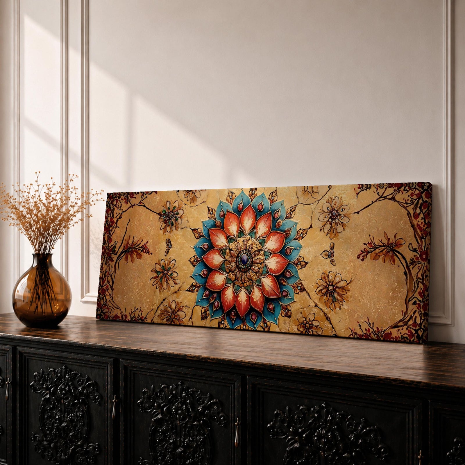 A panoramic ornamental painting featuring a detailed Islamic mandala with layered floral petals and geometric arabesque patterns radiating from a central rosette, rendered in rich turquoise, coral, and gold tones against a textured warm background with symmetrical decorative motifs extending across the horizontal composition.