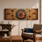 A panoramic ornamental painting featuring a detailed Islamic mandala with layered floral petals and geometric arabesque patterns radiating from a central rosette, rendered in rich turquoise, coral, and gold tones against a textured warm background with symmetrical decorative motifs extending across the horizontal composition.