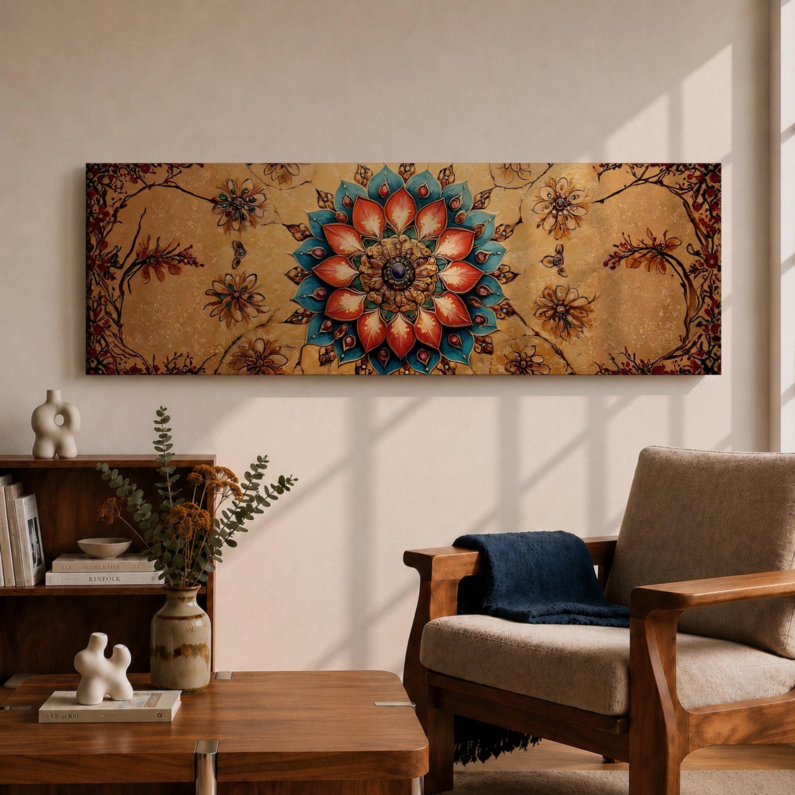 A panoramic ornamental painting featuring a detailed Islamic mandala with layered floral petals and geometric arabesque patterns radiating from a central rosette, rendered in rich turquoise, coral, and gold tones against a textured warm background with symmetrical decorative motifs extending across the horizontal composition.