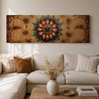 A panoramic ornamental painting featuring a detailed Islamic mandala with layered floral petals and geometric arabesque patterns radiating from a central rosette, rendered in rich turquoise, coral, and gold tones against a textured warm background with symmetrical decorative motifs extending across the horizontal composition.