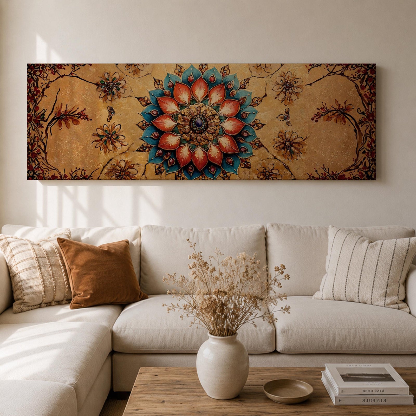 A panoramic ornamental painting featuring a detailed Islamic mandala with layered floral petals and geometric arabesque patterns radiating from a central rosette, rendered in rich turquoise, coral, and gold tones against a textured warm background with symmetrical decorative motifs extending across the horizontal composition.