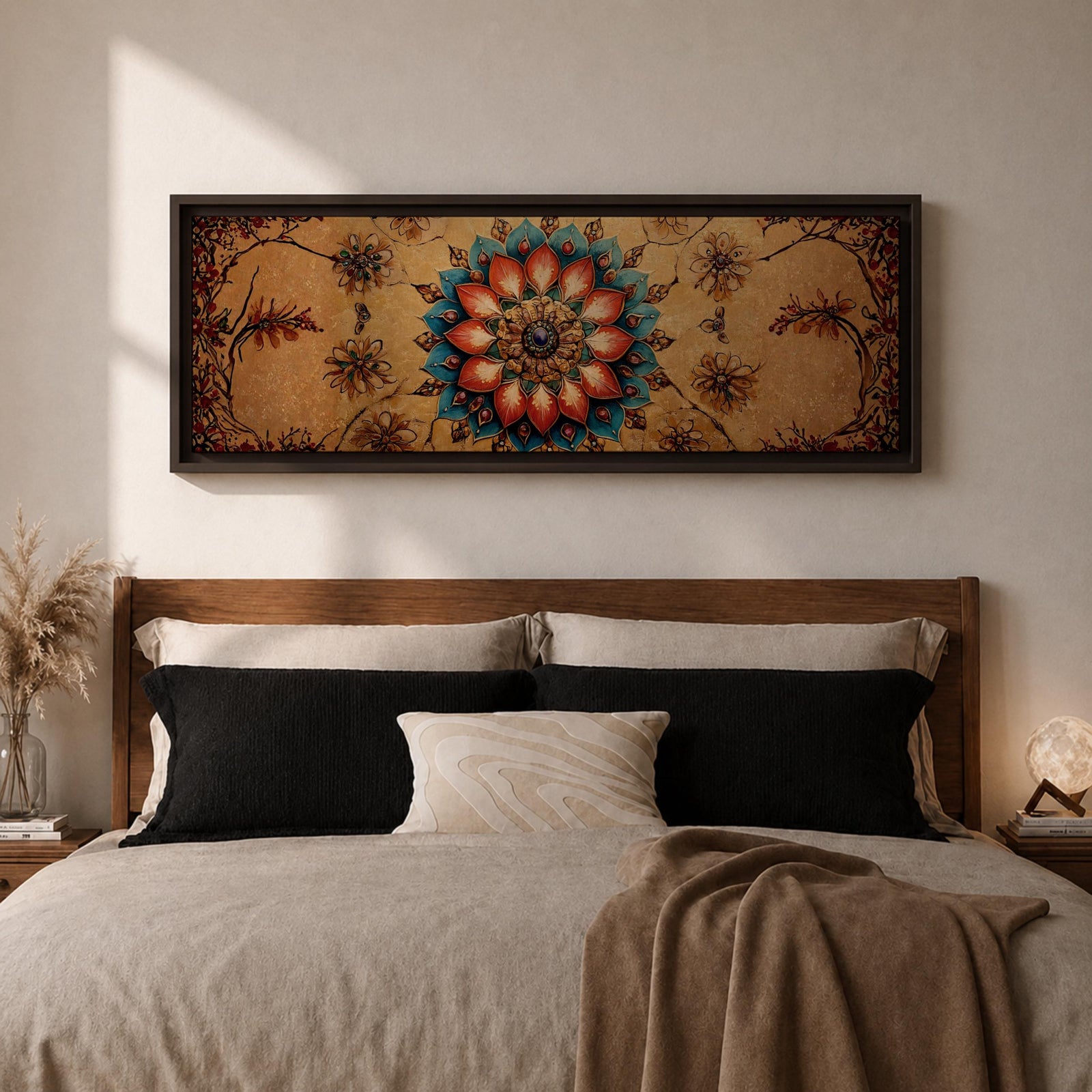 A panoramic ornamental painting featuring a detailed Islamic mandala with layered floral petals and geometric arabesque patterns radiating from a central rosette, rendered in rich turquoise, coral, and gold tones against a textured warm background with symmetrical decorative motifs extending across the horizontal composition.
