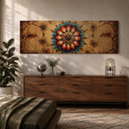 A panoramic ornamental painting featuring a detailed Islamic mandala with layered floral petals and geometric arabesque patterns radiating from a central rosette, rendered in rich turquoise, coral, and gold tones against a textured warm background with symmetrical decorative motifs extending across the horizontal composition.