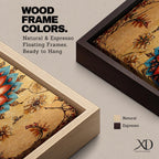 A panoramic ornamental painting featuring a detailed Islamic mandala with layered floral petals and geometric arabesque patterns radiating from a central rosette, rendered in rich turquoise, coral, and gold tones against a textured warm background with symmetrical decorative motifs extending across the horizontal composition.