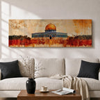 A panoramic abstract painting of the Dome of the Rock with its golden dome rising above the historic structure, rendered in textured brushstrokes with warm ochre, rust, and gold tones blending into a distressed background while dark silhouettes of trees and landscape stretch across the horizontal composition.