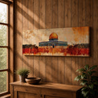 A panoramic abstract painting of the Dome of the Rock with its golden dome rising above the historic structure, rendered in textured brushstrokes with warm ochre, rust, and gold tones blending into a distressed background while dark silhouettes of trees and landscape stretch across the horizontal composition.