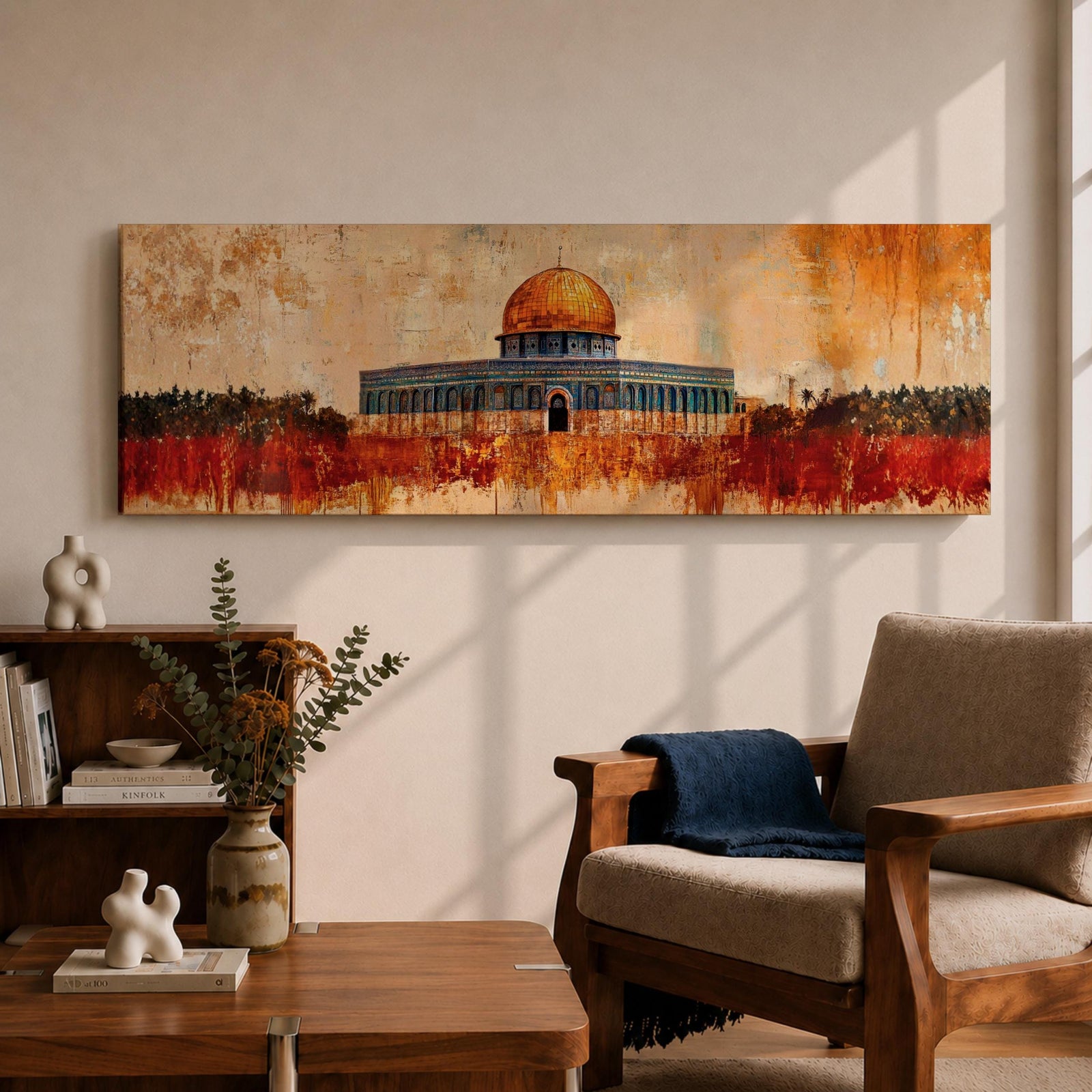 A panoramic abstract painting of the Dome of the Rock with its golden dome rising above the historic structure, rendered in textured brushstrokes with warm ochre, rust, and gold tones blending into a distressed background while dark silhouettes of trees and landscape stretch across the horizontal composition.