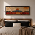 A panoramic abstract painting of the Dome of the Rock with its golden dome rising above the historic structure, rendered in textured brushstrokes with warm ochre, rust, and gold tones blending into a distressed background while dark silhouettes of trees and landscape stretch across the horizontal composition.