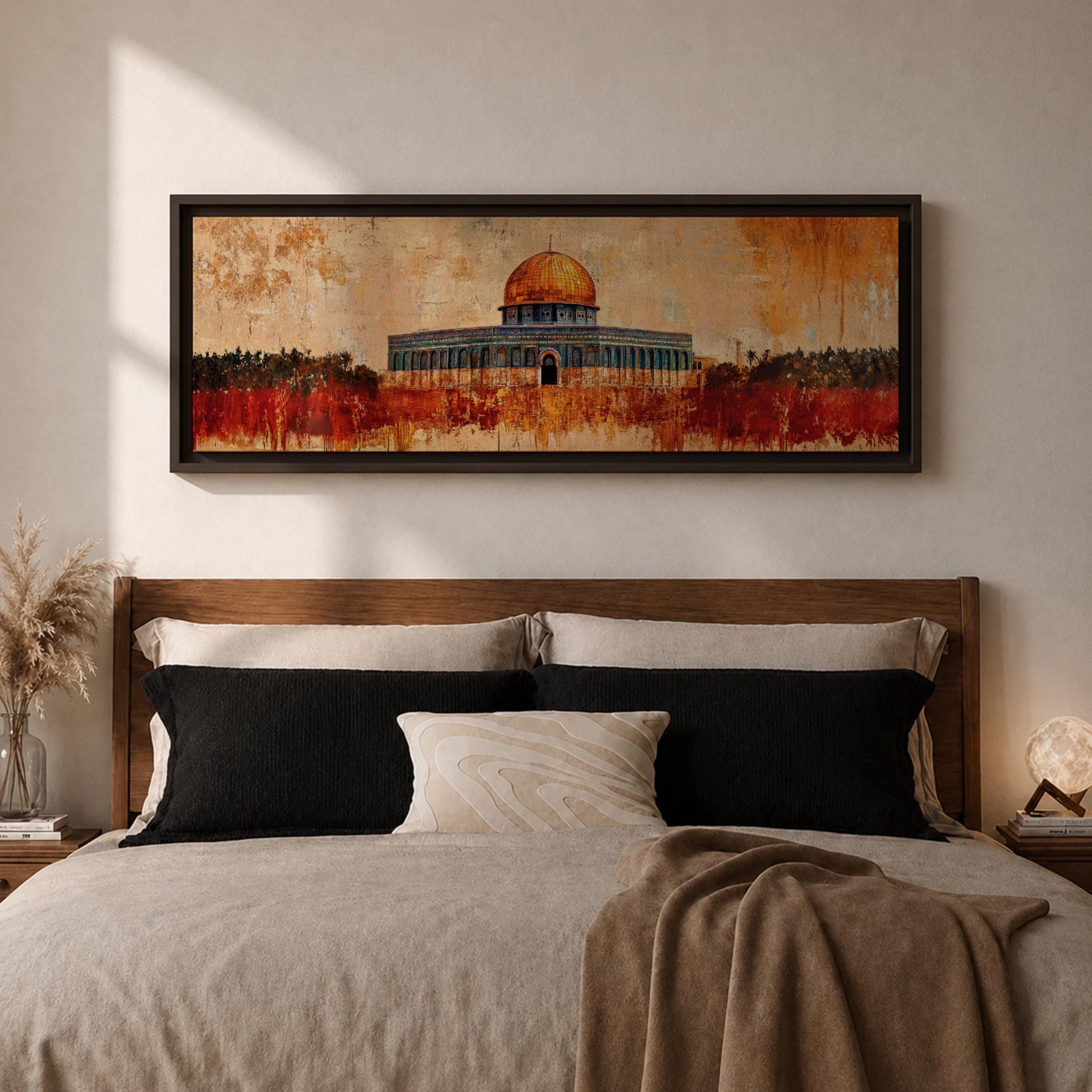 A panoramic abstract painting of the Dome of the Rock with its golden dome rising above the historic structure, rendered in textured brushstrokes with warm ochre, rust, and gold tones blending into a distressed background while dark silhouettes of trees and landscape stretch across the horizontal composition.