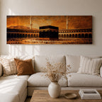 A panoramic vintage style painting of the Kaaba at the center of Masjid al Haram in Mecca surrounded by sweeping arcades and tall minarets, with large crowds of worshippers gathered around the sacred cube beneath a warm sepia sky that creates an aged historic atmosphere across the wide composition.