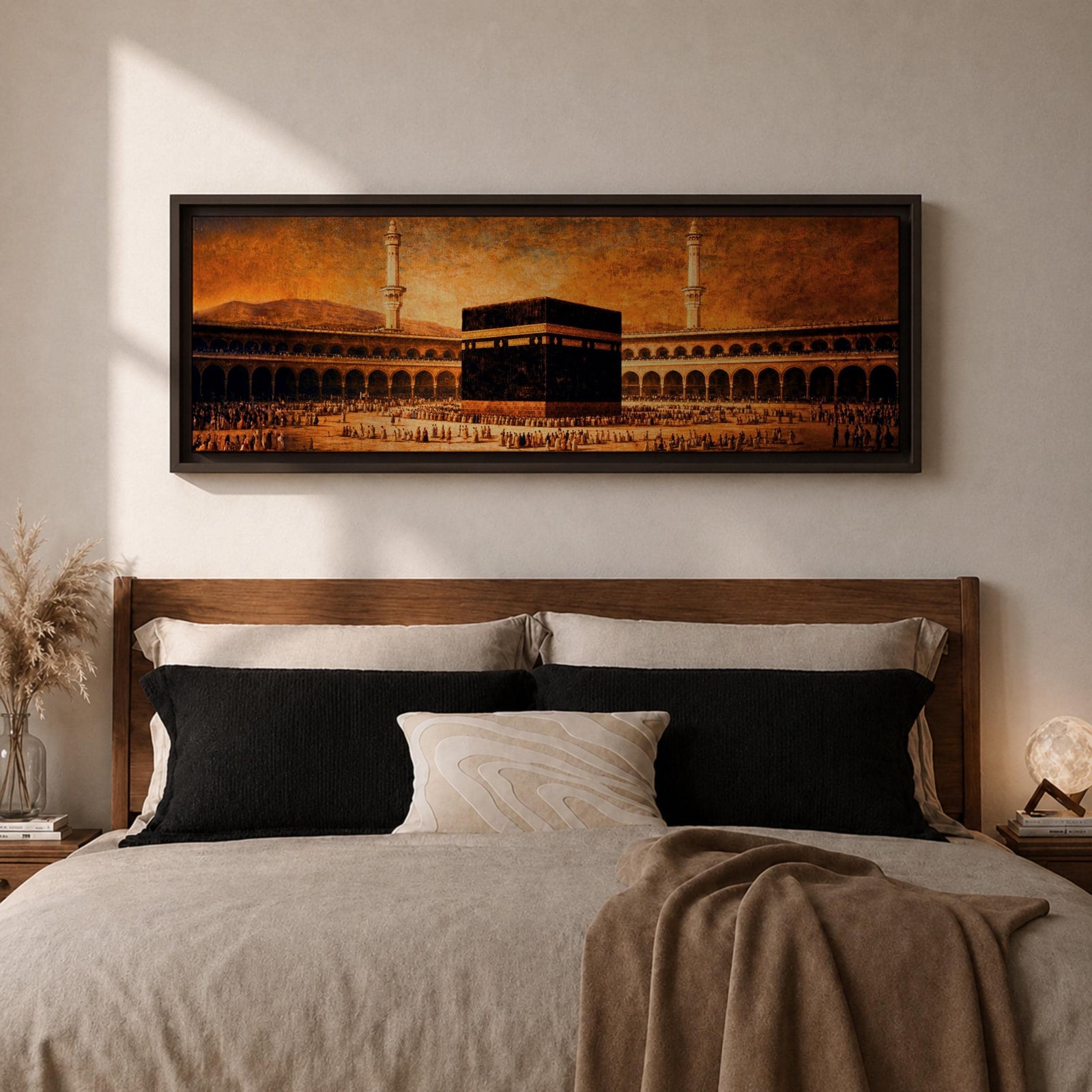 A panoramic vintage style painting of the Kaaba at the center of Masjid al Haram in Mecca surrounded by sweeping arcades and tall minarets, with large crowds of worshippers gathered around the sacred cube beneath a warm sepia sky that creates an aged historic atmosphere across the wide composition.