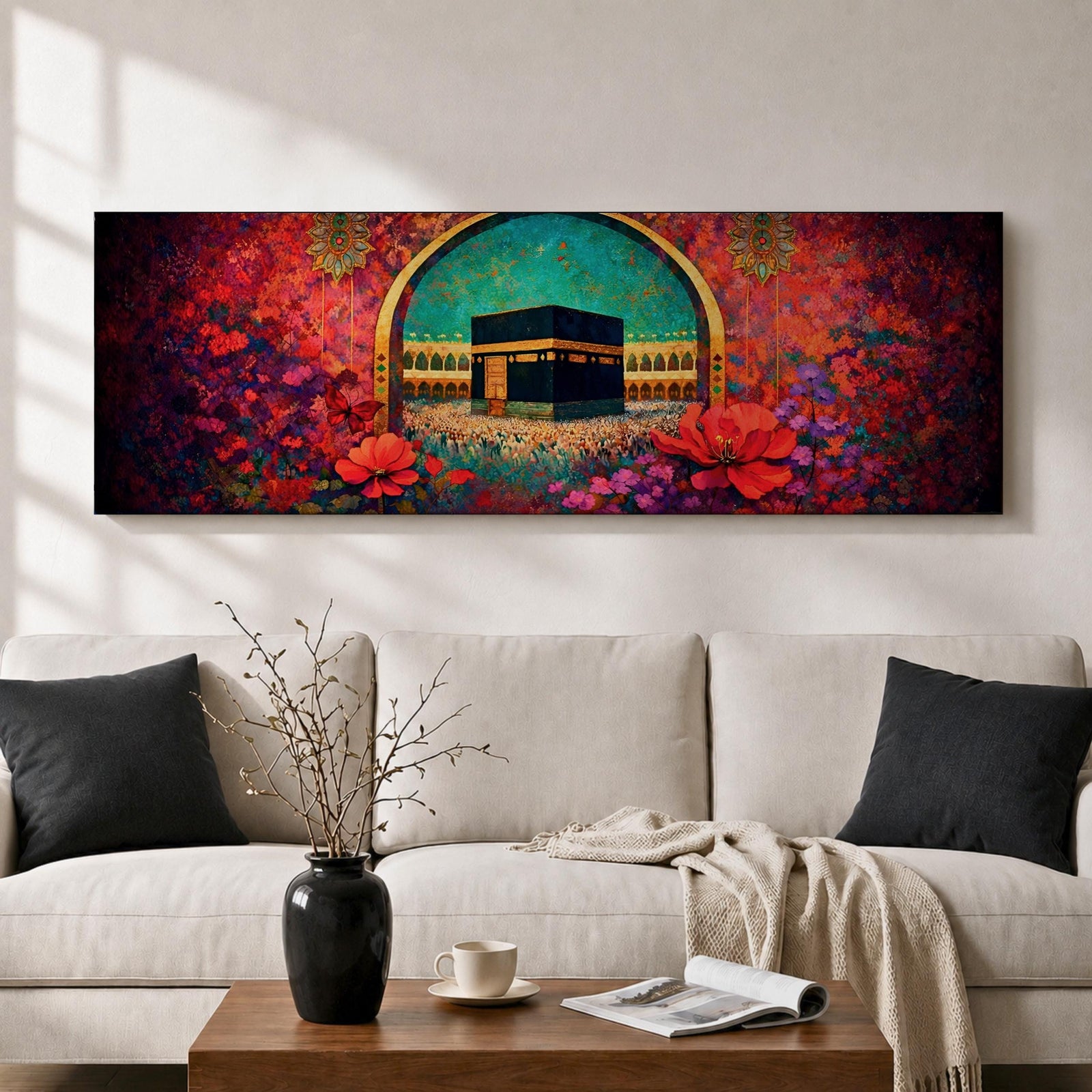 A vibrant panoramic painting of the Kaaba at the center of Masjid Al Haram in Mecca framed by a decorative Islamic arch and surrounded by rich fields of red and pink flowers, with intricate ornamental patterns and crowds of worshippers gathered around the sacred structure beneath a bright turquoise sky.