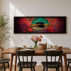A vibrant panoramic painting of the Kaaba at the center of Masjid Al Haram in Mecca framed by a decorative Islamic arch and surrounded by rich fields of red and pink flowers, with intricate ornamental patterns and crowds of worshippers gathered around the sacred structure beneath a bright turquoise sky.