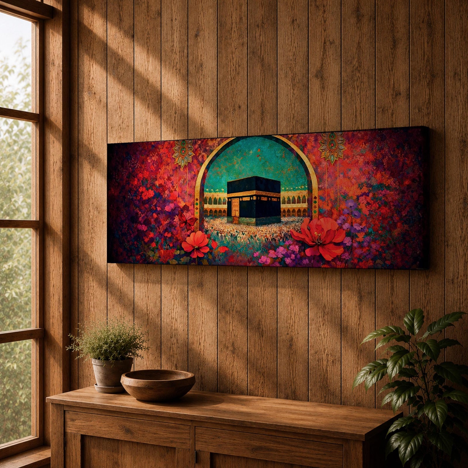 A vibrant panoramic painting of the Kaaba at the center of Masjid Al Haram in Mecca framed by a decorative Islamic arch and surrounded by rich fields of red and pink flowers, with intricate ornamental patterns and crowds of worshippers gathered around the sacred structure beneath a bright turquoise sky.