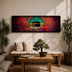 A vibrant panoramic painting of the Kaaba at the center of Masjid Al Haram in Mecca framed by a decorative Islamic arch and surrounded by rich fields of red and pink flowers, with intricate ornamental patterns and crowds of worshippers gathered around the sacred structure beneath a bright turquoise sky.