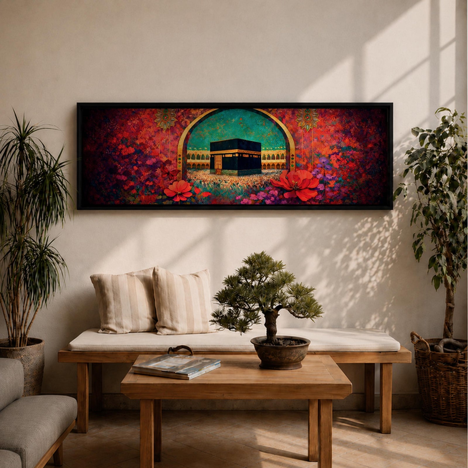 A vibrant panoramic painting of the Kaaba at the center of Masjid Al Haram in Mecca framed by a decorative Islamic arch and surrounded by rich fields of red and pink flowers, with intricate ornamental patterns and crowds of worshippers gathered around the sacred structure beneath a bright turquoise sky.