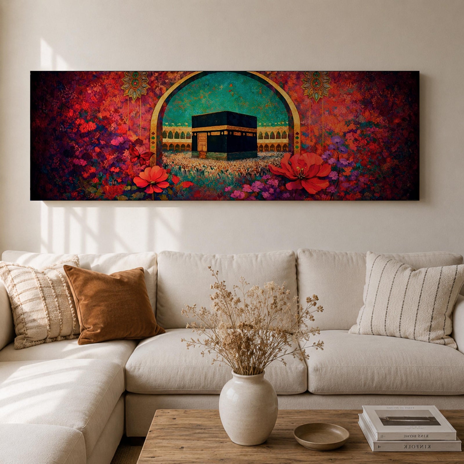 A vibrant panoramic painting of the Kaaba at the center of Masjid Al Haram in Mecca framed by a decorative Islamic arch and surrounded by rich fields of red and pink flowers, with intricate ornamental patterns and crowds of worshippers gathered around the sacred structure beneath a bright turquoise sky.