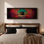 A vibrant panoramic painting of the Kaaba at the center of Masjid Al Haram in Mecca framed by a decorative Islamic arch and surrounded by rich fields of red and pink flowers, with intricate ornamental patterns and crowds of worshippers gathered around the sacred structure beneath a bright turquoise sky.