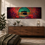 A vibrant panoramic painting of the Kaaba at the center of Masjid Al Haram in Mecca framed by a decorative Islamic arch and surrounded by rich fields of red and pink flowers, with intricate ornamental patterns and crowds of worshippers gathered around the sacred structure beneath a bright turquoise sky.