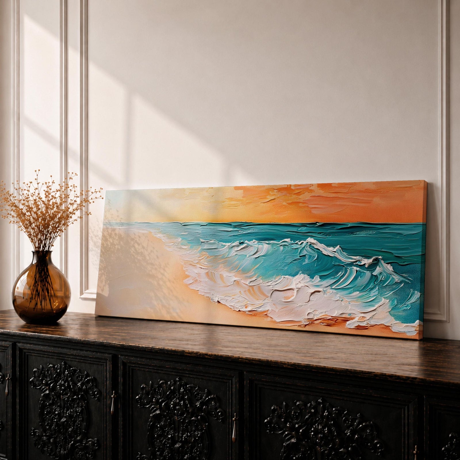 A panoramic textured painting of turquoise ocean waves rolling onto a sandy beach beneath a glowing sunset sky, with thick palette knife brushstrokes creating foamy white surf and layered teal water while warm orange light reflects across the horizon in a wide coastal seascape composition.