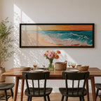 A panoramic textured painting of turquoise ocean waves rolling onto a sandy beach beneath a glowing sunset sky, with thick palette knife brushstrokes creating foamy white surf and layered teal water while warm orange light reflects across the horizon in a wide coastal seascape composition.