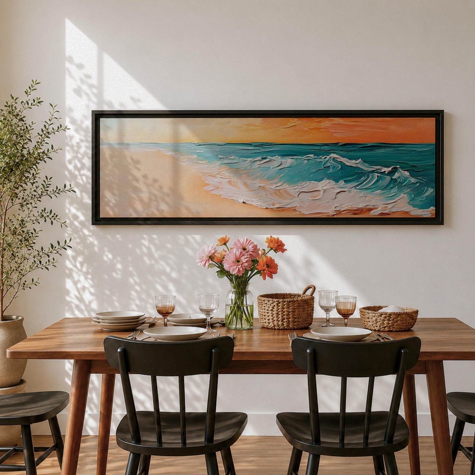 A panoramic textured painting of turquoise ocean waves rolling onto a sandy beach beneath a glowing sunset sky, with thick palette knife brushstrokes creating foamy white surf and layered teal water while warm orange light reflects across the horizon in a wide coastal seascape composition.