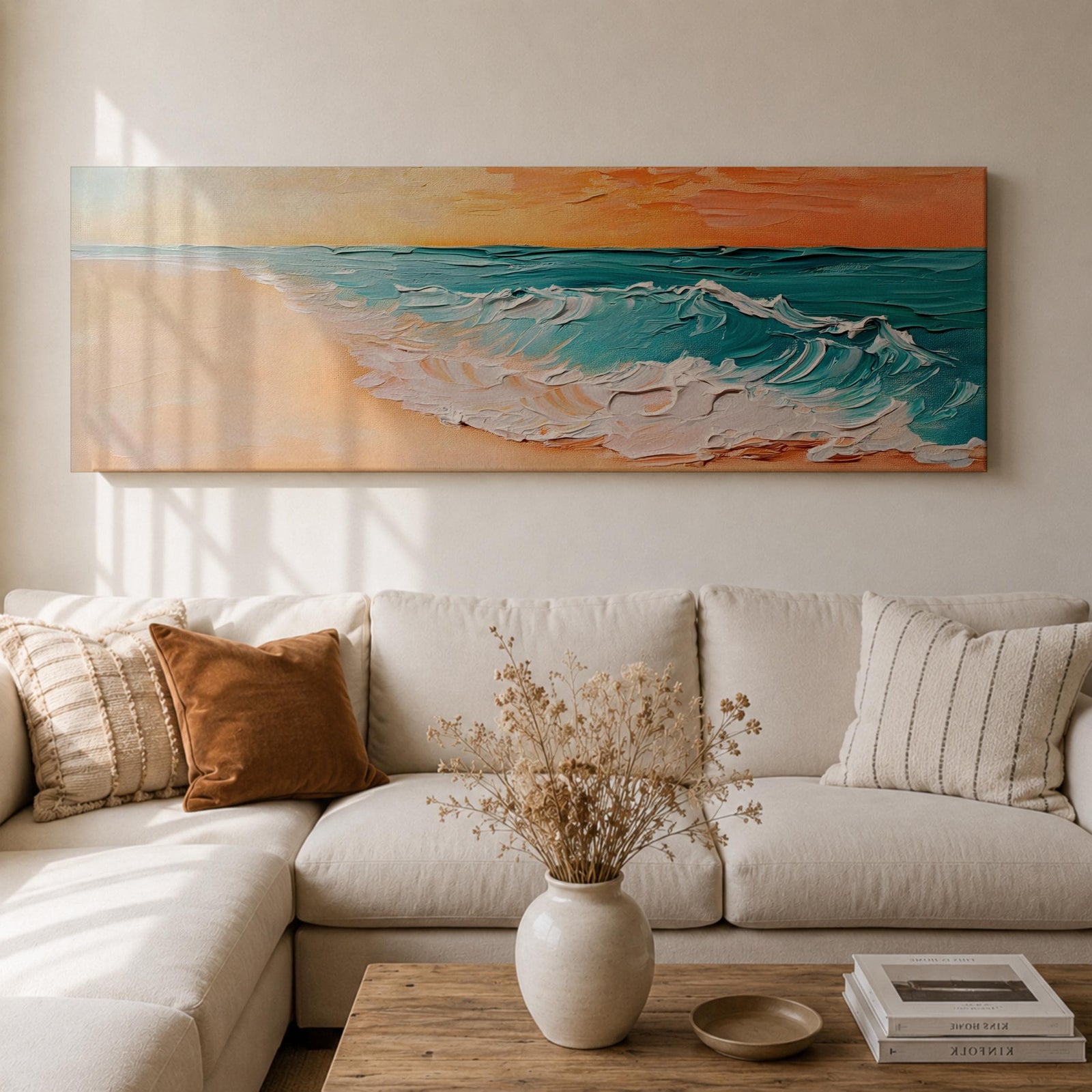 A panoramic textured painting of turquoise ocean waves rolling onto a sandy beach beneath a glowing sunset sky, with thick palette knife brushstrokes creating foamy white surf and layered teal water while warm orange light reflects across the horizon in a wide coastal seascape composition.